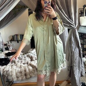 Satin Lace Trim Robe Dress in Sage Green